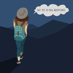 Vector card woman traveler with backpack and hat walking in  mountains at night with lettering. Wanderlust travel concept,  atmospheric moment.