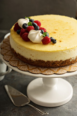 New York cheesecake on a cake stand