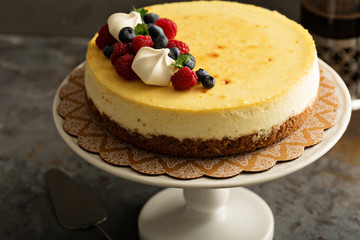 New York cheesecake on a cake stand