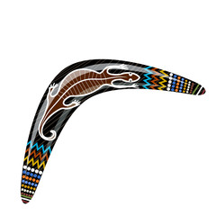 Australian wooden boomerang. Cartoon boomerang with a lizard on