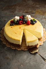 New York cheesecake on a cake stand