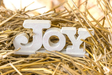 Joy text decoration on a bed of straw with background glow
