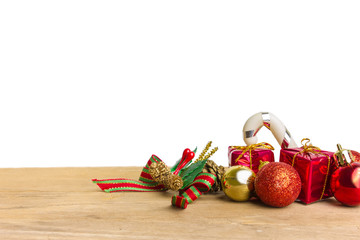 group of christmas decoration on wood table on white background