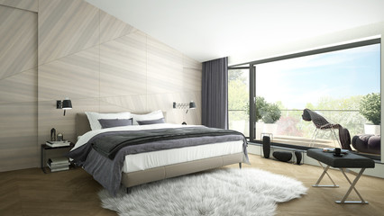 3D rendering of a modern luxurious bedroom with a balcony