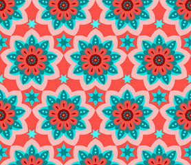 Fototapeta na wymiar Vivid red and turquoise repetitive mandala and stars pattern