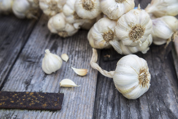 cloves of garlic on the wood background.