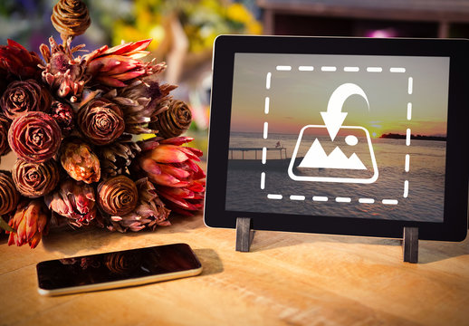 Tablet and Bouquet Mockup