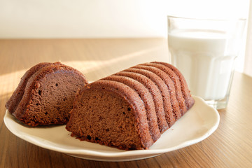 Chocolate Loaf cake and milk on a plate