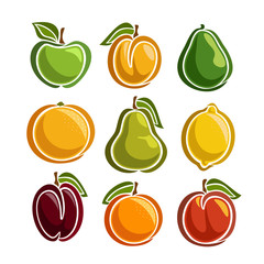 Vector Set colorful Fruits icons: apple, apricot, avocado, grapefruit, pear, lemon, plum, orange, peach, green leaf; collection set of abstract simple fruit logo or icon, isolated on white background.