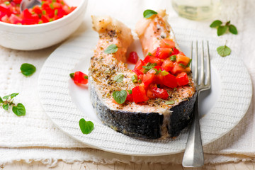 Grilled Salmon Steaks with an Oregano Salsa