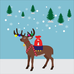 Christmas deer on a background of trees and snow