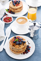 Fluffy chocolate chip pancakes for breakfast