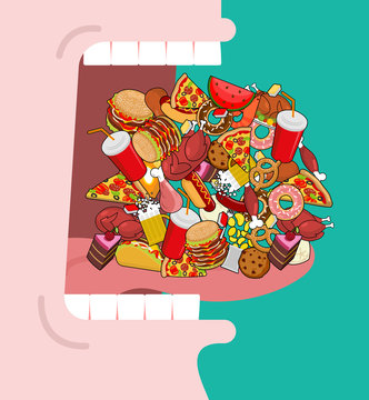 Widely open mouth lot of food. Absorption of feed. Eat many of m