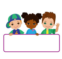 Kids with Signs. Bricht Kids .Frame Board. Clipart. Child meeting frame white board.