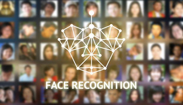 Machine learning systems and accurate facial recognition concept , Face recognition icon and texts with blur human faces background