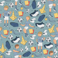 Seamless vector illustration with soccer players and football accessories in random position on blue background. Hand drawn illustration with ball, red cards, boots, cones and other equipment.