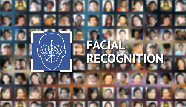 Machine learning systems and accurate facial recognition concept , smart phone with blue screen and facial text with human faces background