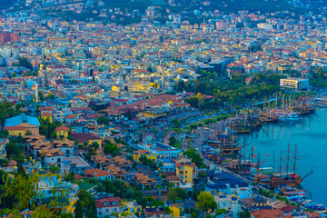 View of Alanya city and coastline with ships