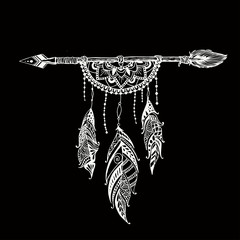 Dreamcatcher and arrow with feathers. Vector hand drawn illustration
