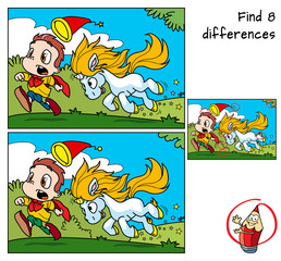 Cute little unicorn playing with young wizard. Find 8 differences. Educational game for children. Cartoon vector illustration