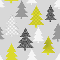 Seamless pattern with Christmas trees in black, white, green and gray on light gray background.