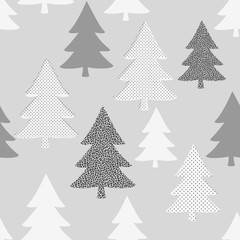 Seamless pattern with Christmas trees in black, white and gray on light gray background.