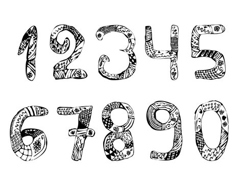 Set of numbers. Vintage. Doodle. Zentangle. Hand draw. Vector illustration on isolated background