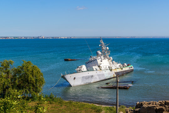 Damaged Ukrainian military boat in Feodosiya, Crimea