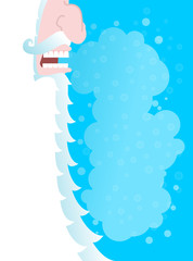 Santa Claus with white beard. Steam from mouth. Flying snow. Ill
