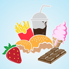 Fast Food Drinks Dessert and Fruits on White Background. Vector illustration Set of sweet Snack Items. 