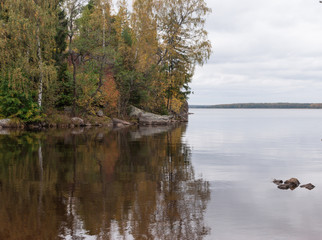 Fototapeta na wymiar Autumn leaves on the trees and the lake in cloudy weather