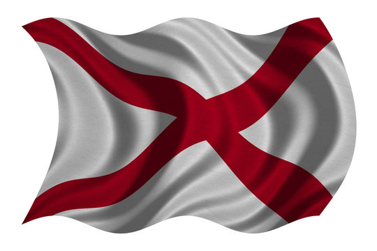 Flag of Alabama wavy on white, fabric texture