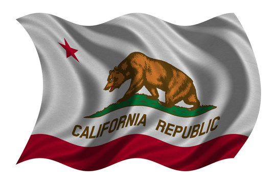 Flag of California wavy on white, fabric texture