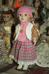 Toy doll girl in winter clothing against the backdrop of other dolls