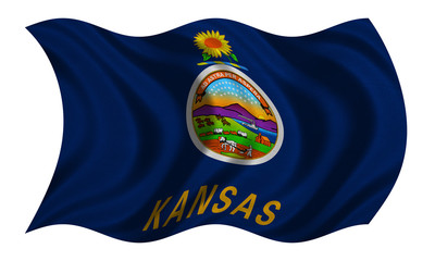 Flag of Kansas wavy on white, fabric texture