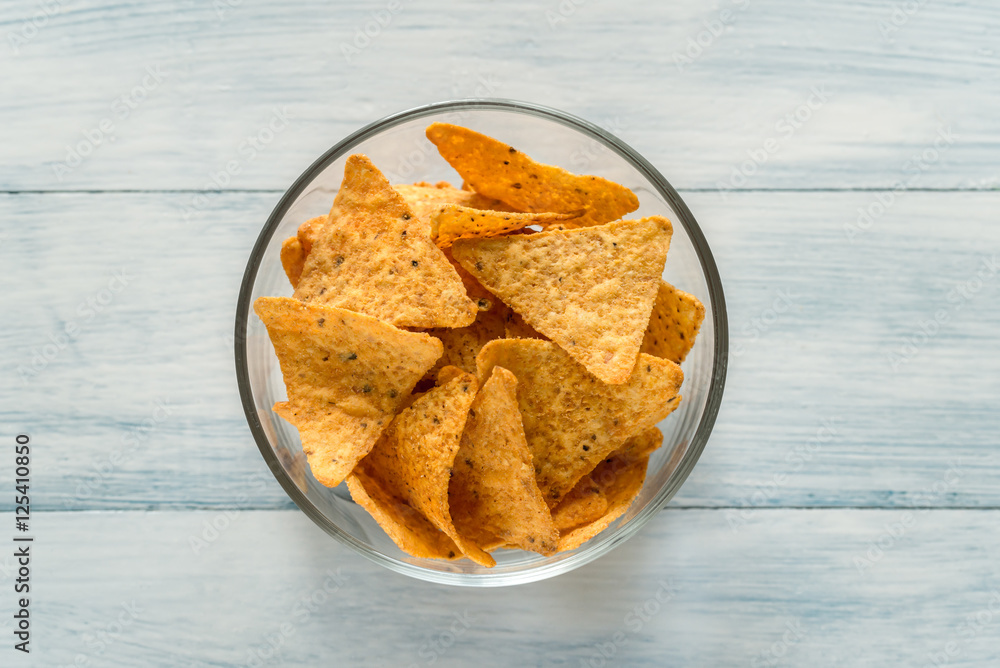 Poster nachos in the glass bowl