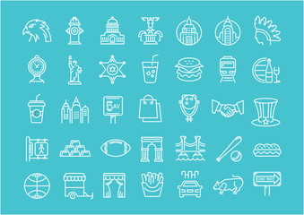 Set Vector Flat Line Icons USA and America