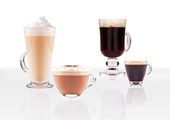 Various coffee glasses are together.