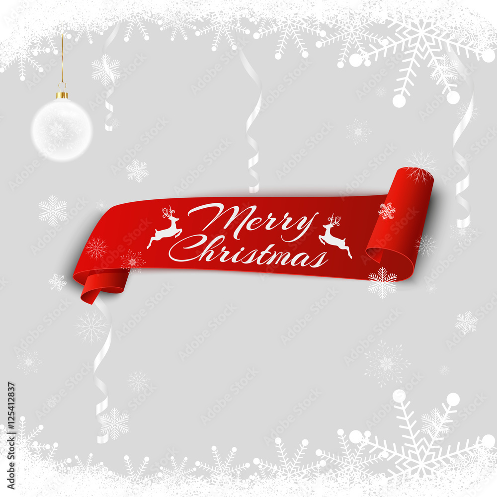 Poster happy new year and merry christmas. red realistic ribbon on snowy background. merry christmas greeti