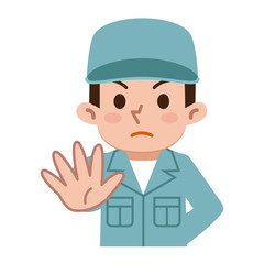 拒否する若い男性　作業着