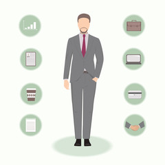 Set of manager flat figure and business icons: credit card, laptop, handshake, cup of coffee, notebook. Businessman stick on abstract background. Man in a business suit vector illustration.