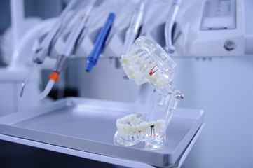 Model of dental jaw on background of modern dental tools