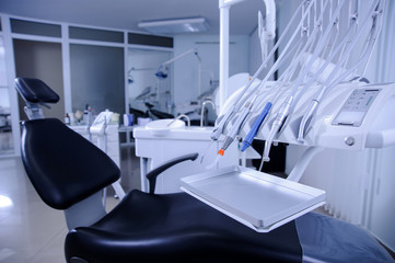 Modern dental practice. Dental chair and other accessories used