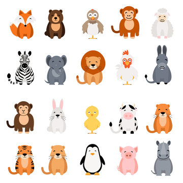 Cute vector animal set on white background. Fox, bear, elephant, bear, hen, chicken, chick, rooster, lion, monkey, tiger, pig, donkey, rabbit, rhino, cow, zebra, sheep, penguin