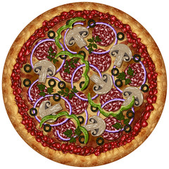 Realistic round pizza with sausage, olives and vegetables