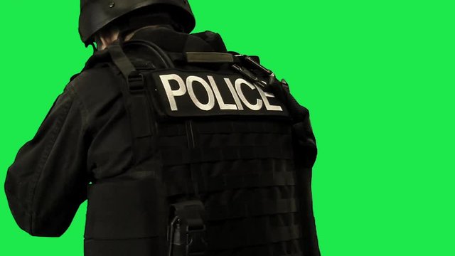 Closeup of a SWAT Policeman on Green Screen