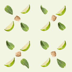 Lime, sugar and mint on a white background.