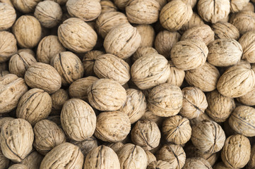 Background of walnuts in their shells at an outdoor market in Turkey