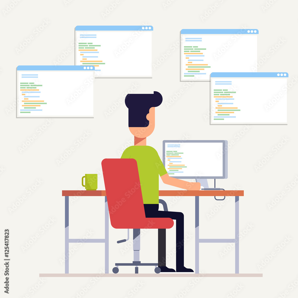 Poster the programmer writes code on the computer. multi-specialist. the man at the workplace. back view. v