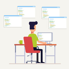The programmer writes code on the computer. Multi-specialist. The man at the workplace. Back view. Vector, illustration EPS10.